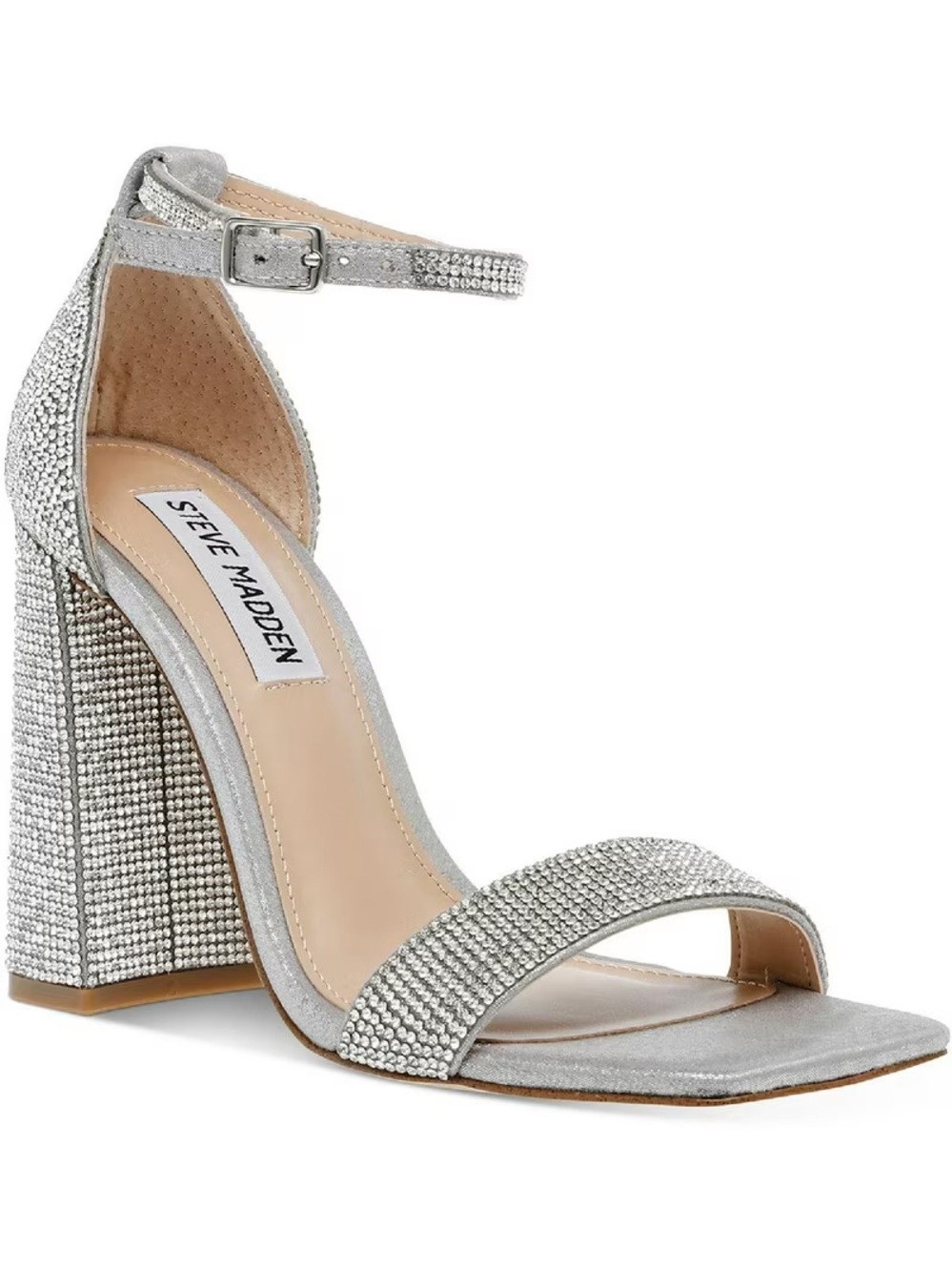 Steve Madden Silver Rhinestone Block Heel Sandals with Anklet Strap Sz10